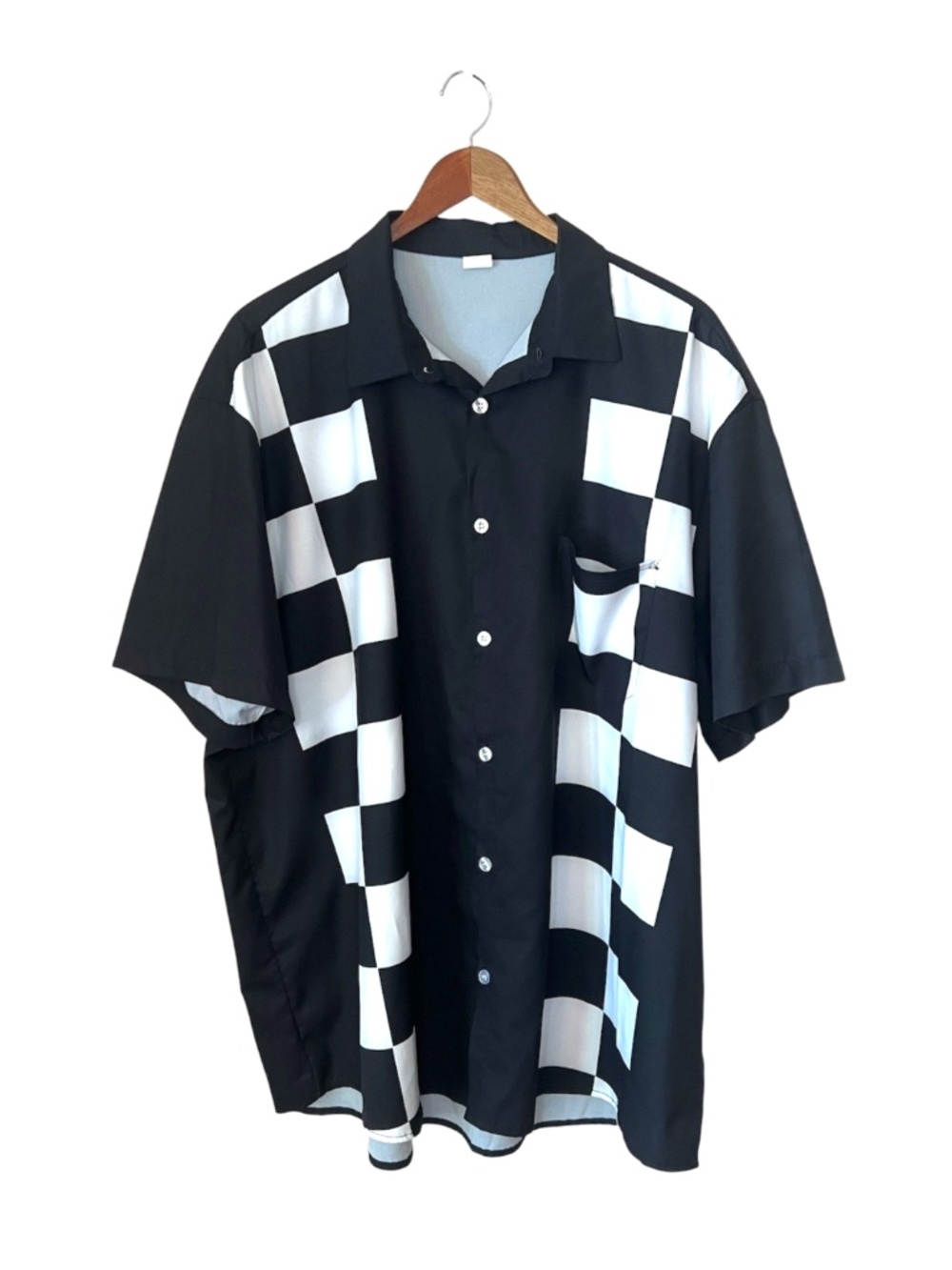 Men's Black & White Checkerboard Rockabilly Ska Button Up Bowling Shirt 3XL